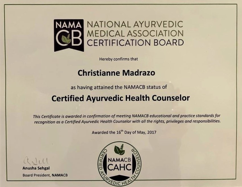 National Ayurvedic Medical Association Certificate