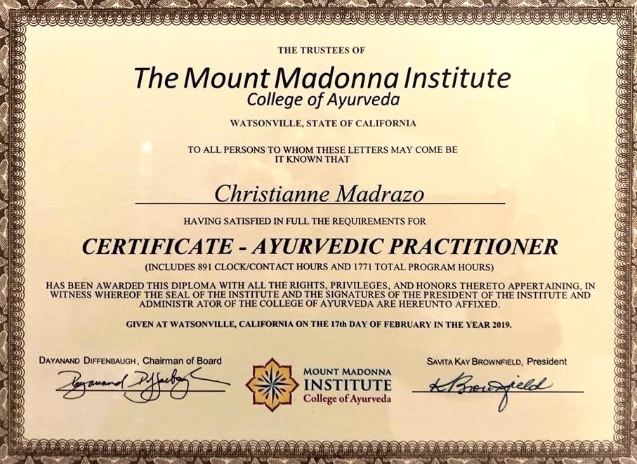 Christianne Madrazo Ayurvedic Practitioner Certificate